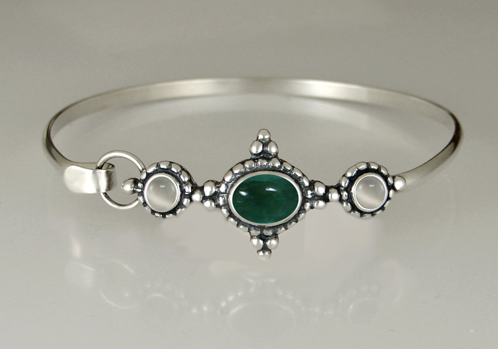 Sterling Silver Strap Latch Spring Hook Bangle Bracelet With Fluorite And White Moonstone